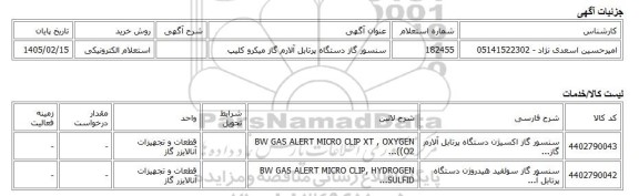 استعلام الکترونیکی، سنسور گاز دستگاه پرتابل آلارم گاز میکرو کلیپ