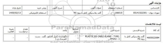 استعلام الکترونیکی، گلند پلاستیکی کابل با رزوه PG