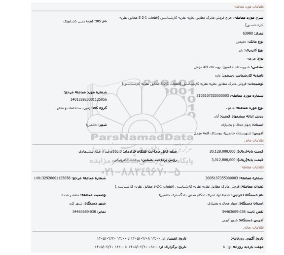 مزایده، فروش ماترک مطابق نظریه نظریه کارشناسی (قطعات 1-2-3 مطابق نظریه کارشناسی)