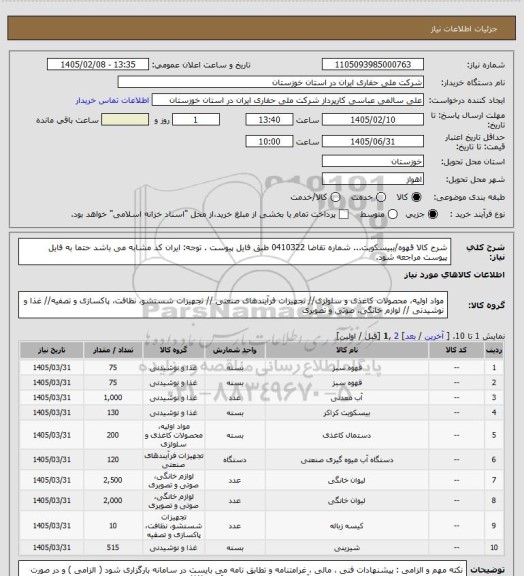 استعلام شرح کالا قهوه/ببیسکویت...  شماره تقاضا  0410322  طبق فایل پیوست . توجه: ایران کد مشابه می باشد حتما به فایل پیوست مراجعه شود.