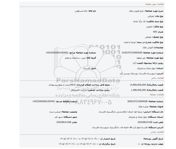 مزایده، فروش ملک