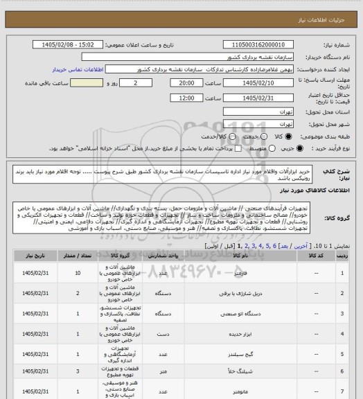 استعلام خرید ابزارآلات واقلام مورد نیاز اداره تاسیسات سازمان نقشه برداری کشور طبق شرح پیوست .....
توجه اقلام مورد نیاز باید برند رونیکس باشد