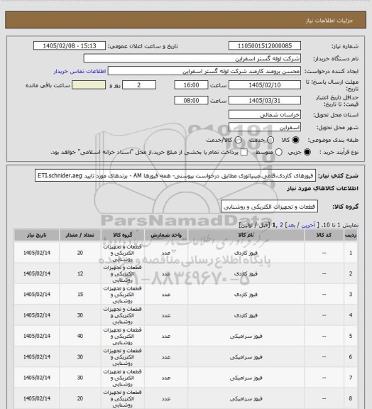 استعلام فیوزهای کاردی،قلمی،مینیاتوری مطابق درخواست پیوستی- همه فیوزها AM - برندهای مورد تایید ETI،schnider،aeg