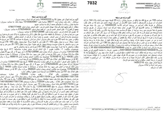 مزایده ششدانگ یک قطعه خانه نوع ملک طلق با کاربری مسکونی 