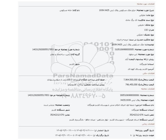مزایده، ملک مسکونی پلاک ثبتی 3425-1939