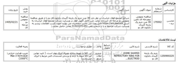مناقصه عمومی دو مرحله ای، مناقصه عمومی دومرحله ای تامین 30 عدد جرم یک پارچه گنبدی دلتازون فاز دو