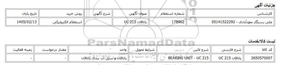 استعلام الکترونیکی، یاتاقان UC 215