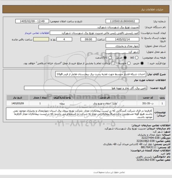 استعلام احداث شبکه فشار متوسط جهت تغذیه پست برق بیمارستان هاجر از فیدر 8و10