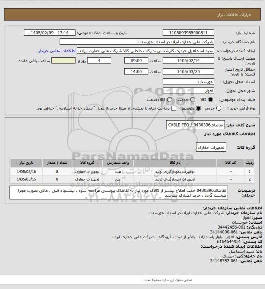 استعلام تقاضای0430396  / CABLE FEO