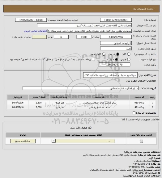 استعلام اجرای زیر سازی و اسفالت ریزی روستای باشکلان