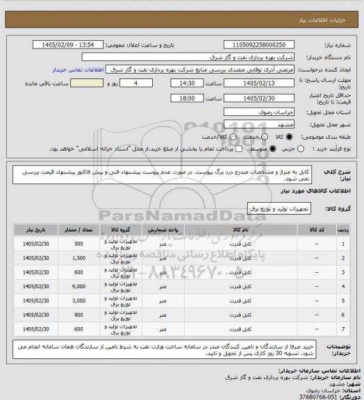 استعلام کابل به متراژ و مشخصات مندرج درد برگ پیوست. در صورت عدم پیوست پیشنهاد فنی و پیش فاکتور پیشنهاد قیمت بررسی نمی شود.