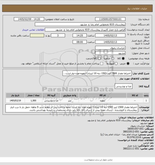استعلام احتراما مقدار 1500 لیتر (150 دبه 10 لیتری) آبغوره مورد نیاز است .