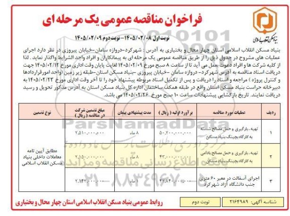 مناقصه تهیه ، بارگیری و حمل مصالح شسته به کارگاه بچینگ بنیاد مسکن... نوبت دوم