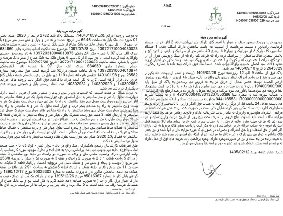 مزایده ششدانگ پلاک ثبتی 2782 فرعی از 2820 اصلی