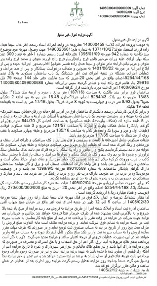 مزایده فروش ششدانگ یک باب ساختمان مسکونی به پلاک ثبتی 5254.44.168