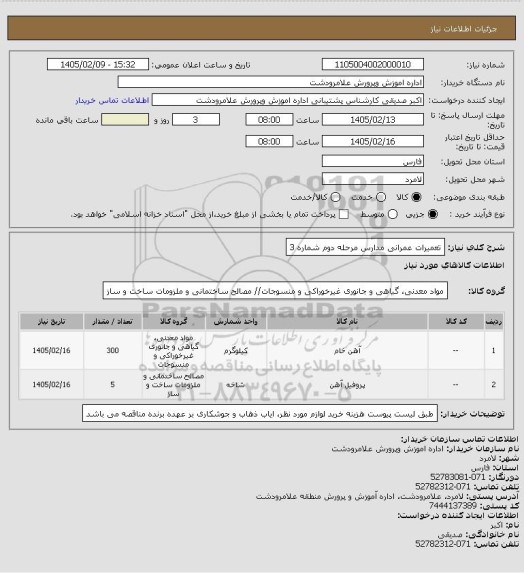 استعلام تعمیرات عمرانی مدارس مرحله دوم شماره 3
