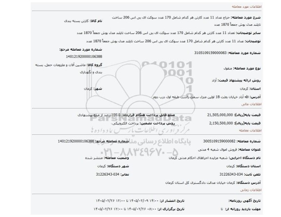 مزایده، عداد 11 عدد کارتن هر کدام  شامل 170 عدد سوکت  ای بی اس 206 ساخت تایلند مدل بوش جمعاً  1870 عدد