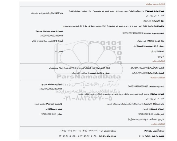مزایده، مزایده قطعه زمین دیم داخل حریم شهر نیر مشهوربه اجاق دوشی مطابق نظریه کارشناسی پیوستی