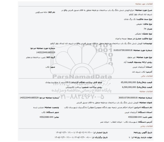 مزایده، فروش شش دانگ یک باب ساختمان دو طبقه متعلق به اقای  صدیق قدرتی واقع در شریف اباد ابتدای بلوار کرفتو