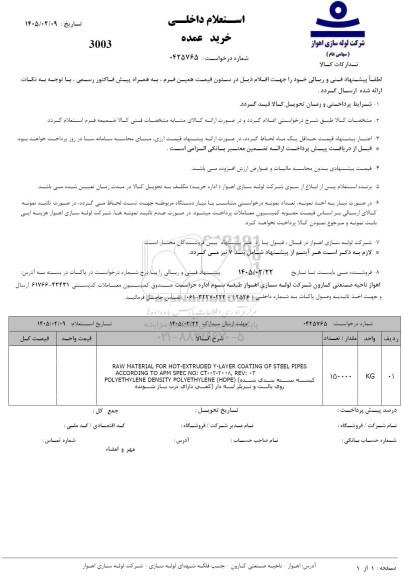 استعلام RAW MATERIAL FOR HOT-EXTRUDED...