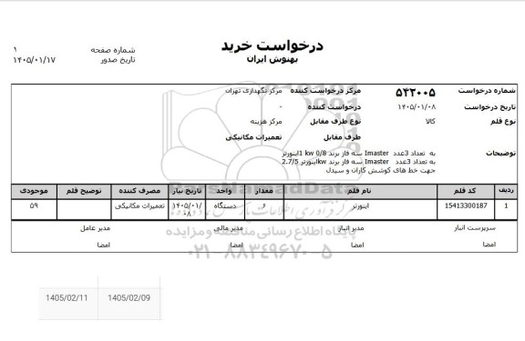 استعلام تعداد 3 عدد Imaster سه فاز برند 1 KW 0/8 اینورتر به تعداد 3 عدد Imaster سه فاز برند KW اینورتر 2.7/5 جهت خط های کوشش کاران و سیدل