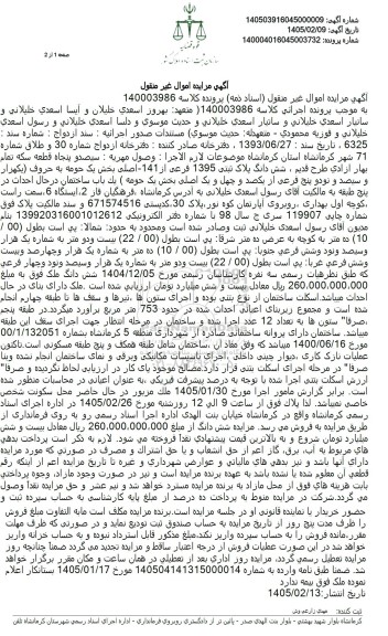 مزایده شش دانگ پلاک ثبتی 1395 فرعی از 141 - اصلی بخش یک حومه