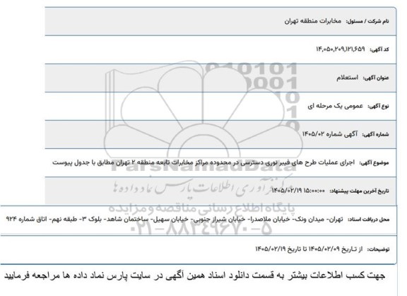 استعلام اجرای عملیات طرح های فیبر نوری دسترسی در محدوده...
