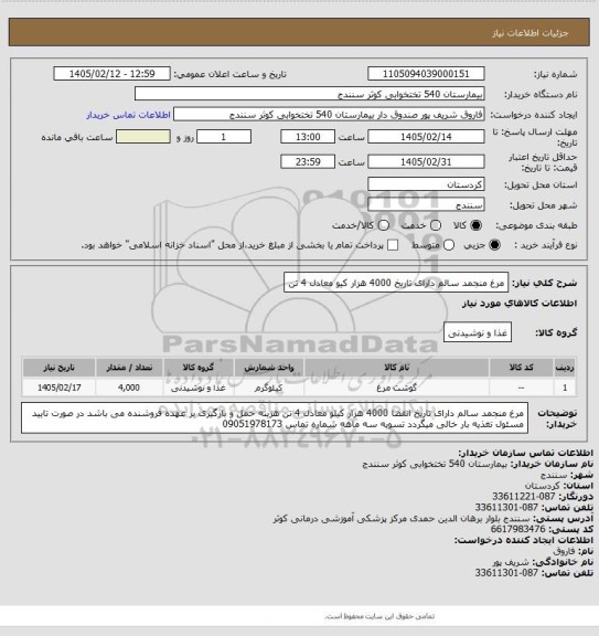 استعلام مرغ منجمد سالم دارای تاریخ 4000 هزار کیو معادل 4 تن