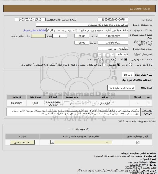 استعلام خرید کابل