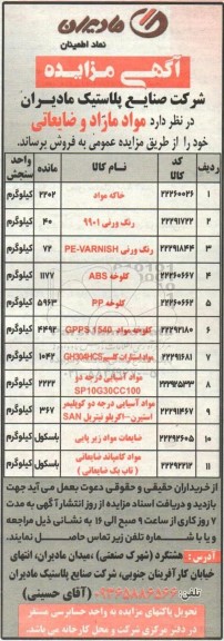 مزایده فروش مواد مازاد و ضایعاتی 