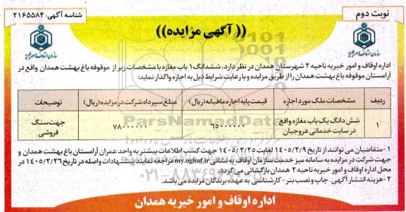 مزایده اجاره شش دانگ یک باب مغازه ​​​​​​​نوبت دوم 