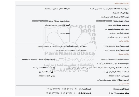 مزایده، فروش یک  قطعه زمین گوشه
