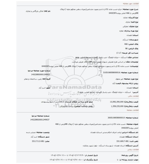 مزایده، حسب ماده 51 ق.ا.ا.م و بصورت مشاعی(بمیزان بدهی محکوم علیه ) ازپلاک 98فرعی از 466 اصلی پرونده0400397