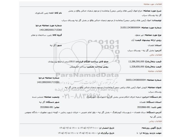 مزایده، اموال (زمین های زراعی دیمی) بجامانده از مرحوم شعبان خدائی واقع در بخش گل تپه روستای سراب