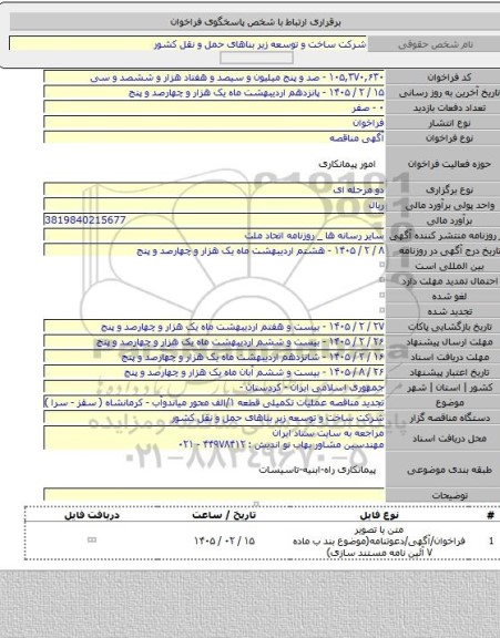 مناقصه, تجدید مناقصه عملیات تکمیلی قطعه ۱/الف محور میاندوآب - کرمانشاه ( سقز - سرا )