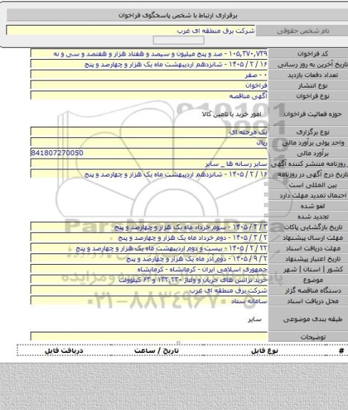 مناقصه, خرید ترانس های جریان و ولتاژ ۱۳۲٬۲۳۰ و ۶۳ کیلوولت