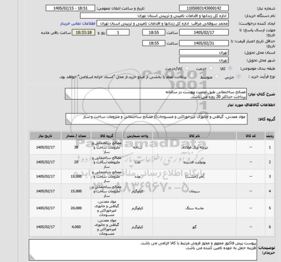استعلام مصالح ساختمانی طبق لیست پیوست در سامانه
پرداخت حداکثر 20 روزه می باشد.
