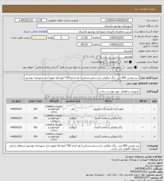 استعلام تینر روغنی 200 لیتر ، رنگ ترافیکی (زرد،سفید،مشکی) هر کدام 700 کیلو کالا تحویل انبار شهرداری بهشهر
