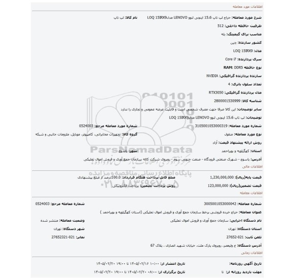 مزایده، لپ تاپ 15.6 اینچی لنوو LENOVO مدلLOQ 15IRX9