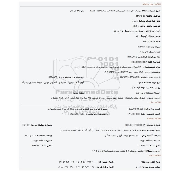 مزایده، لپ تاپ 15.6 اینچی لنوو LENOVO مدلLOQ 15IRX9