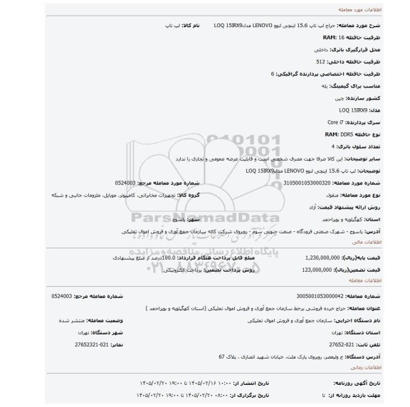 مزایده، لپ تاپ 15.6 اینچی لنوو LENOVO مدلLOQ 15IRX9