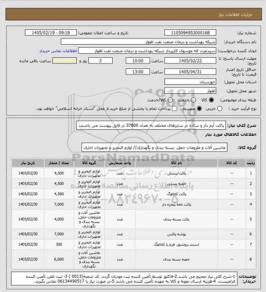استعلام پاکت آرم دار و ساده در سایزهای مختلف به تعداد 37800 در فایل پیوست می باشند.