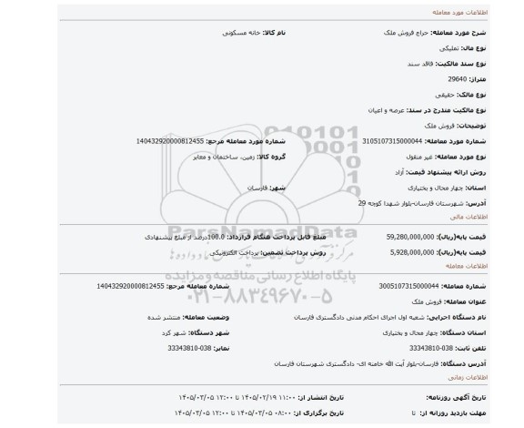 مزایده، فروش ملک