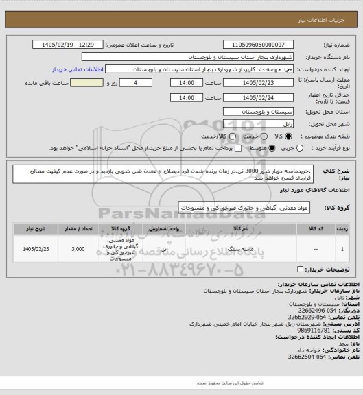 استعلام .خریدماسه دوبار شور 3000  تن.در زمان برنده شدن فرد ذیصلاح از معدن شن شویی بازدید و در صورت عدم کیفیت  مصالح قرارداد فسخ خواهد شد