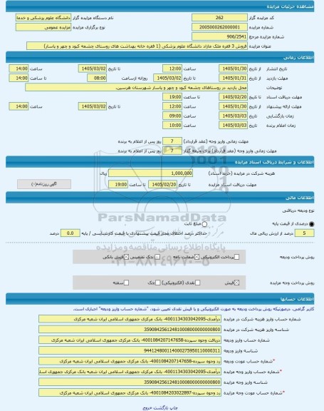 مزایده ، فروش 3 فقره ملک مازاد دانشگاه علوم پزشکی (1 فقره خانه بهداشت های روستای چشمه کبود و چهر و پاسار) -مزایده ساختمان  - است