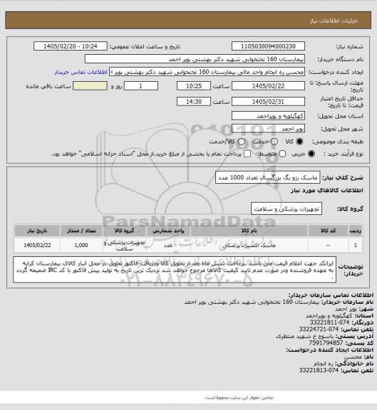 استعلام ماسک رزو بگ بزرگسال تعداد 1000 عدد