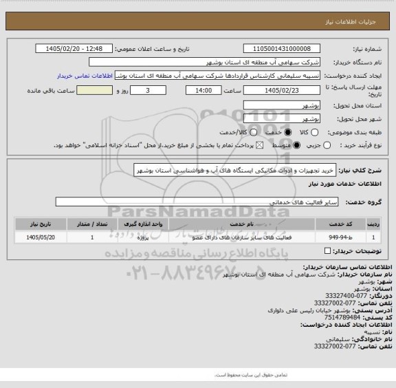 استعلام خرید تجهیزات و ادوات مکانیکی ایستگاه های آب و هواشناسی استان بوشهر