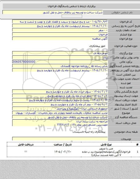 مناقصه, تجدید مناقصه عملیات باقیمانده قطعه چهارم باند دوم بابامیدان - گچساران - بهبهان