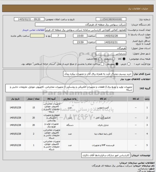 استعلام خرید بیسیم دیجیتال ثابت به همراه یراق آلات و تجهیزات پیکره بندی