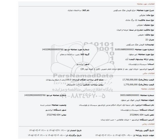 مزایده، فروش ملک مسکونی